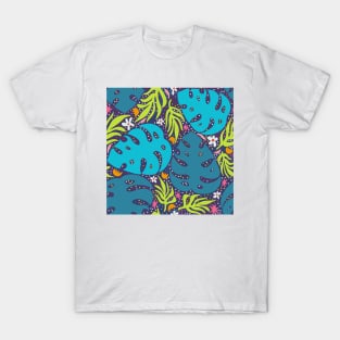 Jungle leaves and flowers abstract repeat pattern on purple T-Shirt